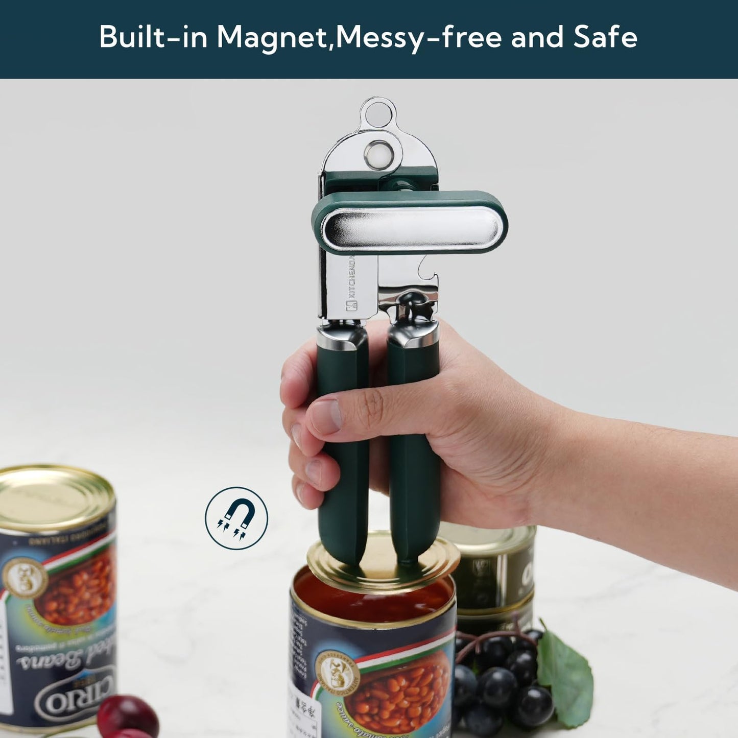 KITCHENDAO Manual Can Opener, Super Sharp Sandvik 12C27 Blade, Handheld Can Opener with Magnet, Smooth Edge Cut, Soft Grip, Oversized Knob for Seniors & Arthritis, Easy to Use, Green