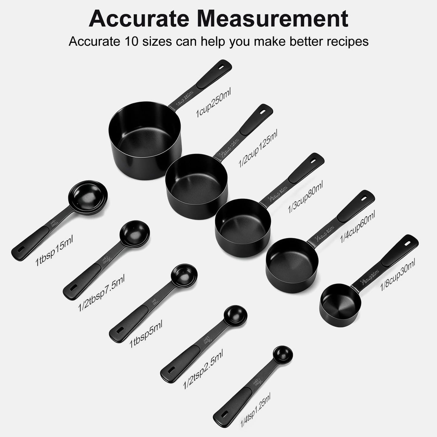 Bopei Measuring Cups and Spoons Set Stainless Steel 10 Piece for Cooking and Baking (5 Cups + 5 Spoons, Colorful Handles)