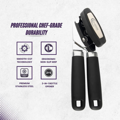 Heavy Duty Stainless Steel Manual Can Opener with Bottle Opener Function- Rust Proof and with Soft Grip Handle, razor sharp, smooth and easy cutting,