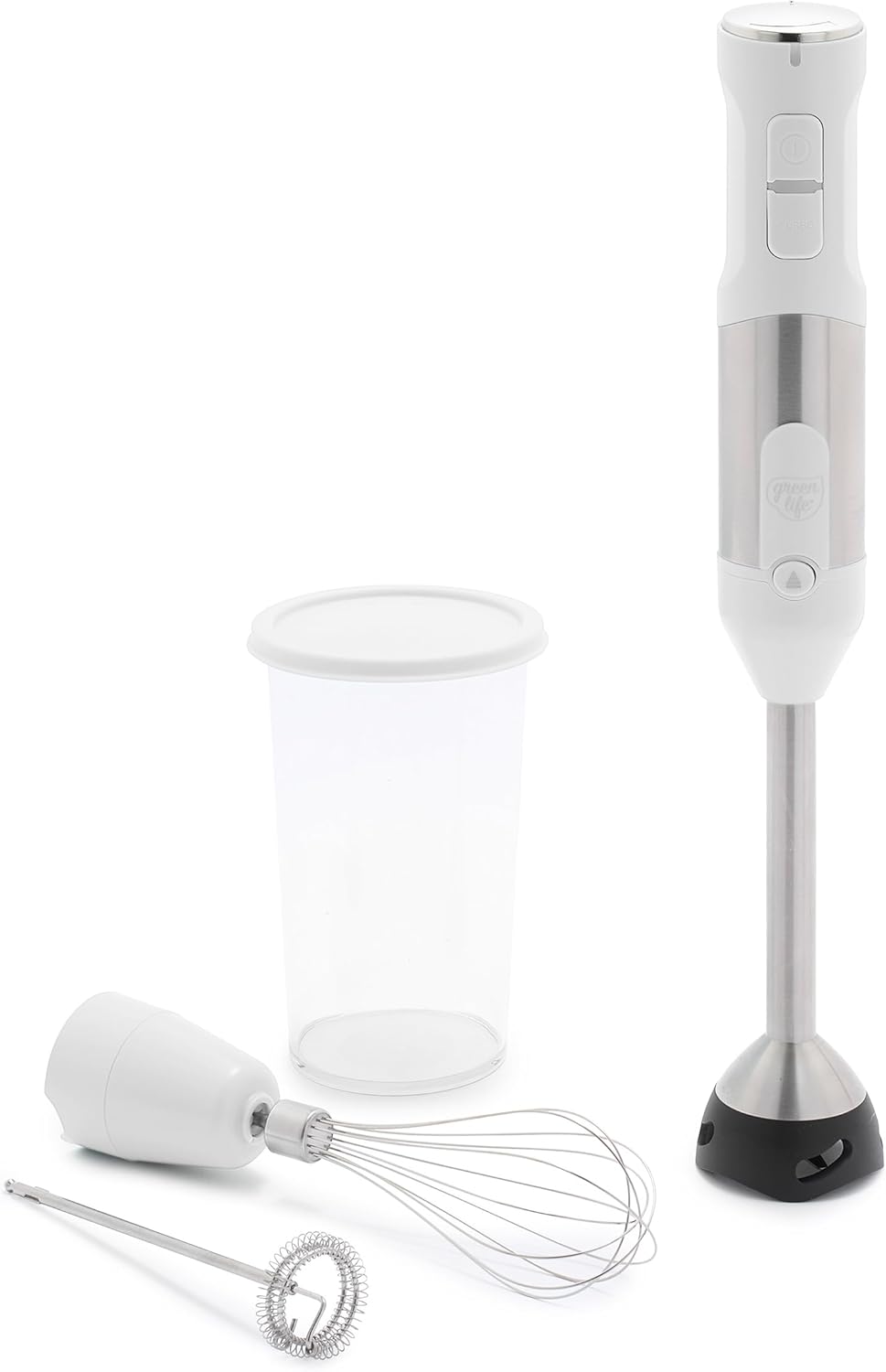 GreenLife 500-Watt Immersion Electric Handheld Stick Blender with Stainless Steel Blades, Whisk, Frother, Measuring Cup and Lid, Soups, Puree, Cake, Multi-Speed Control, Portable, Turquoise