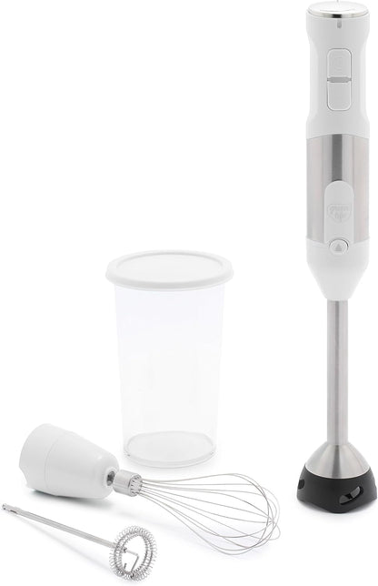 GreenLife 500-Watt Immersion Electric Handheld Stick Blender with Stainless Steel Blades, Whisk, Frother, Measuring Cup and Lid, Soups, Puree, Cake, Multi-Speed Control, Portable, Turquoise
