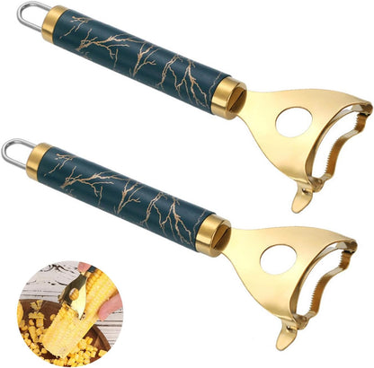 2Pcs Stainless Steel Corn Peeler & Kernel Remover Tool - 3-in-1 Corn Cob Stripper for Corn on the Cob, Pepper Seed Corer & Vegetable Slicer - Multi-Function Kitchen Gadget with Non-Slip Grip (Silver)