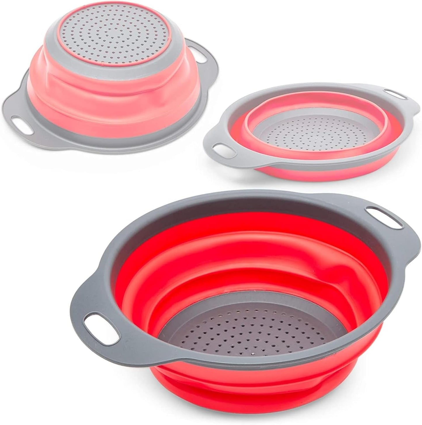 Juvale Collapsible Colander Set of 3, Space-Saving Kitchen Strainer, Use to Drain Vegetables and Fruits, Heat-Resistant Pasta Strainer with Handle, Foldable for Easy Storage, Ideal for Campers, Red
