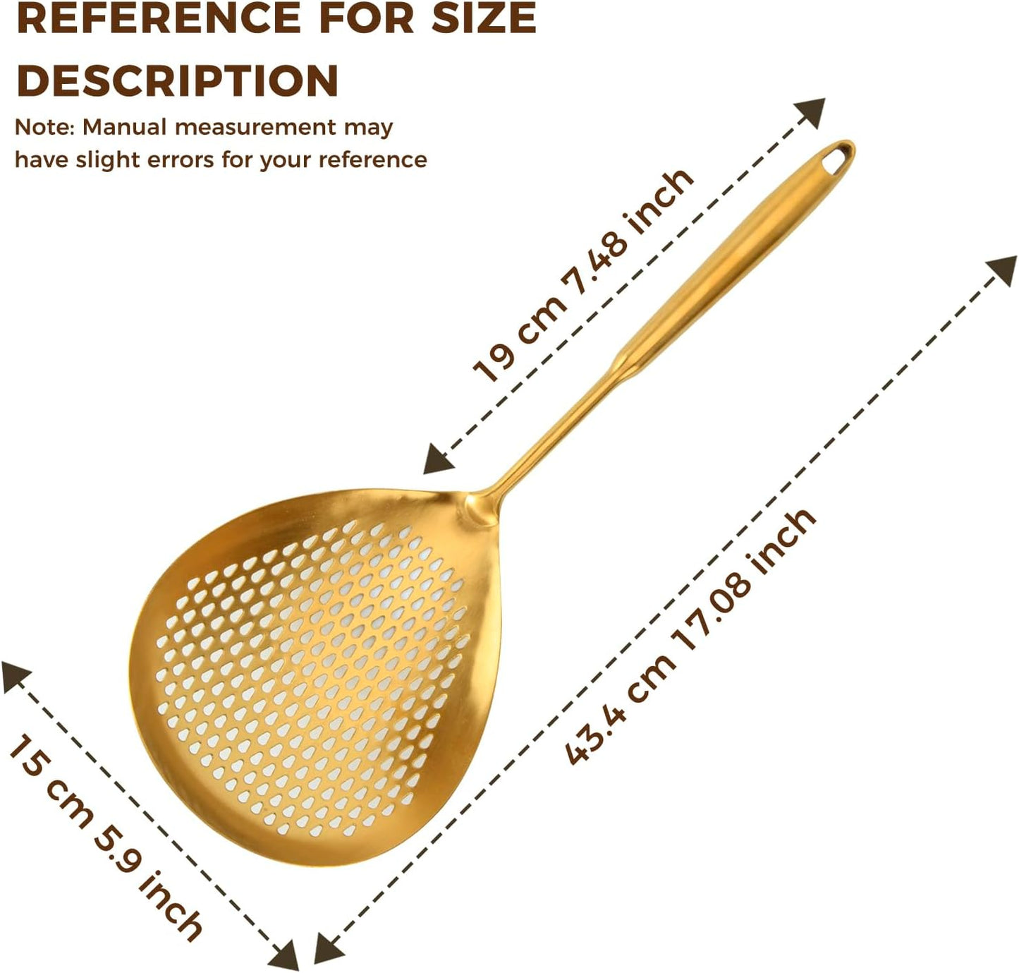 Snailhouse Slotted Skimmer Spoon, Stainless Steel Pasta Noodle Fryer Spider Strainer Scoop Ladle Spoon with Handle for Cooking Frying, Gold