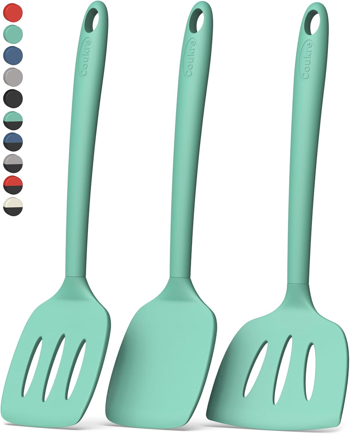Coukre 3 Pack Silicone Spatula Set, High Heat Resistant, BPA-Free, Fish Spatula, Solid & Slotted Turner for Non-Stick Pans, Flipping Eggs, Pancakes, Fish, Burgers (3, PureBlack)