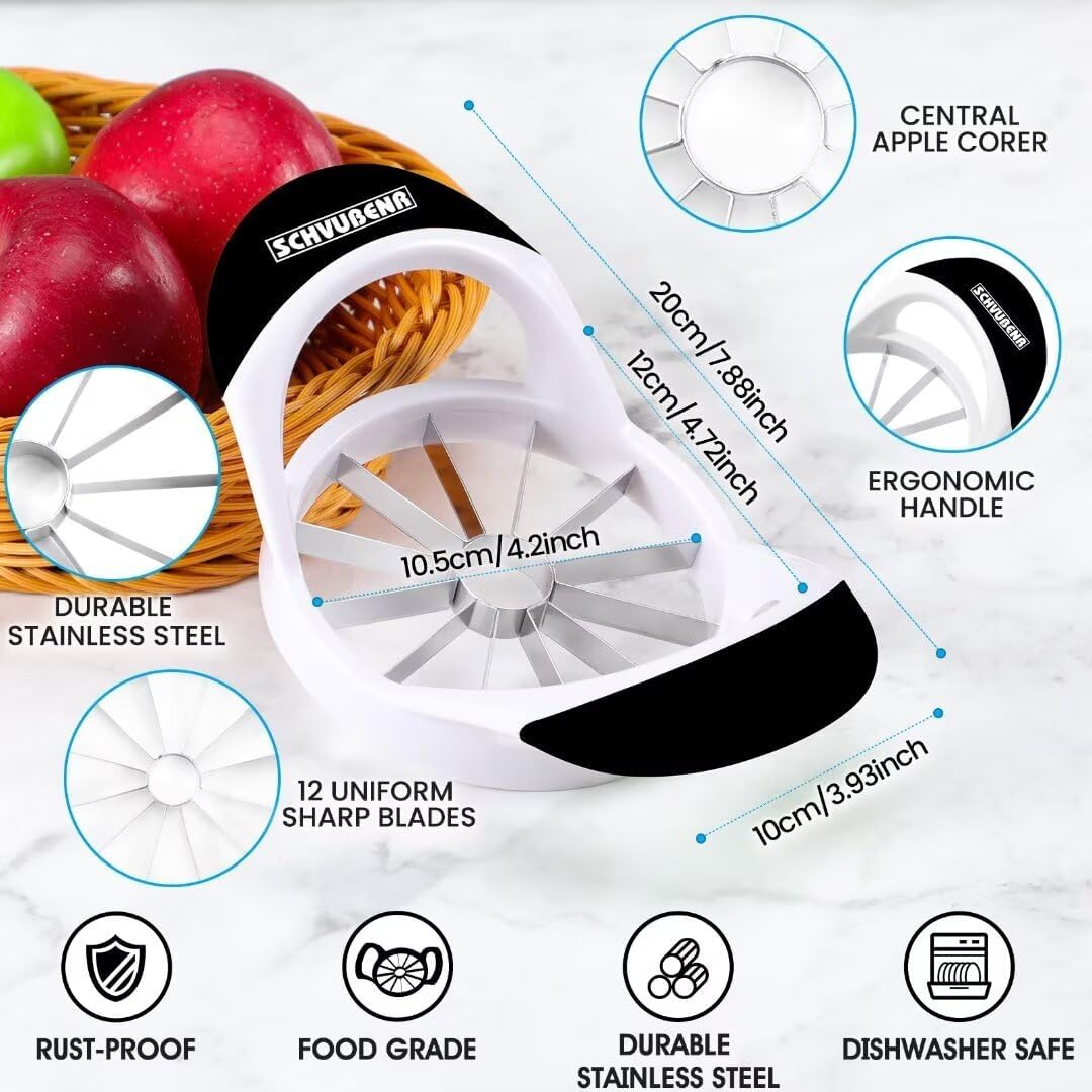 SCHVUBENR 12-Blade Apple Slicer and Corer - 4.72 Inch Sharp Stainless Steel Apple Cutter - Professional Apple Divider Tool for Quick Slices - Easy to Use & Clean - Slice Fruits with Ease - Black