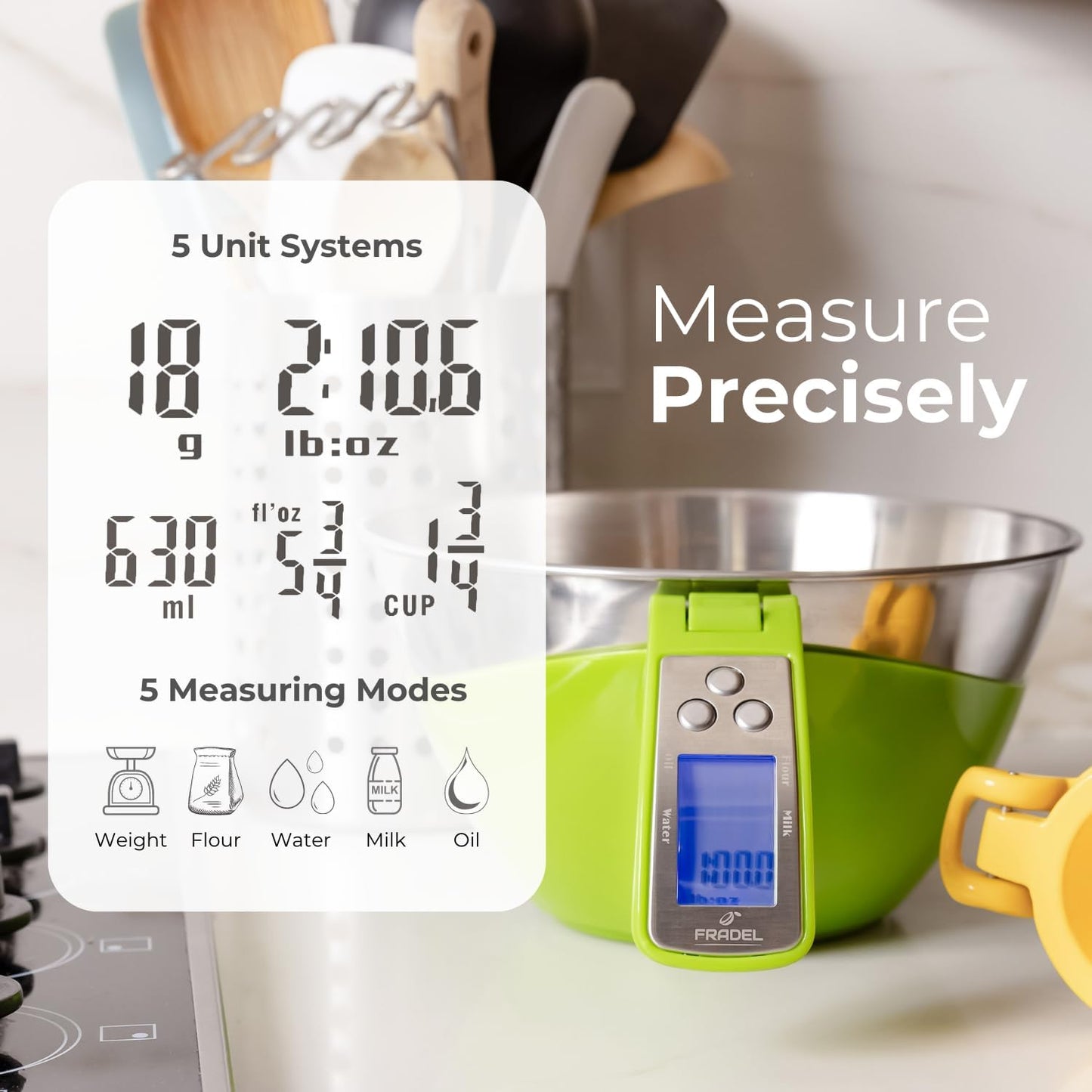 Fradel Digital Kitchen Food Scale with Bowl - 11lb, Grams & Ounces - Removable, Dishwasher-Safe Mixing Bowl - Black
