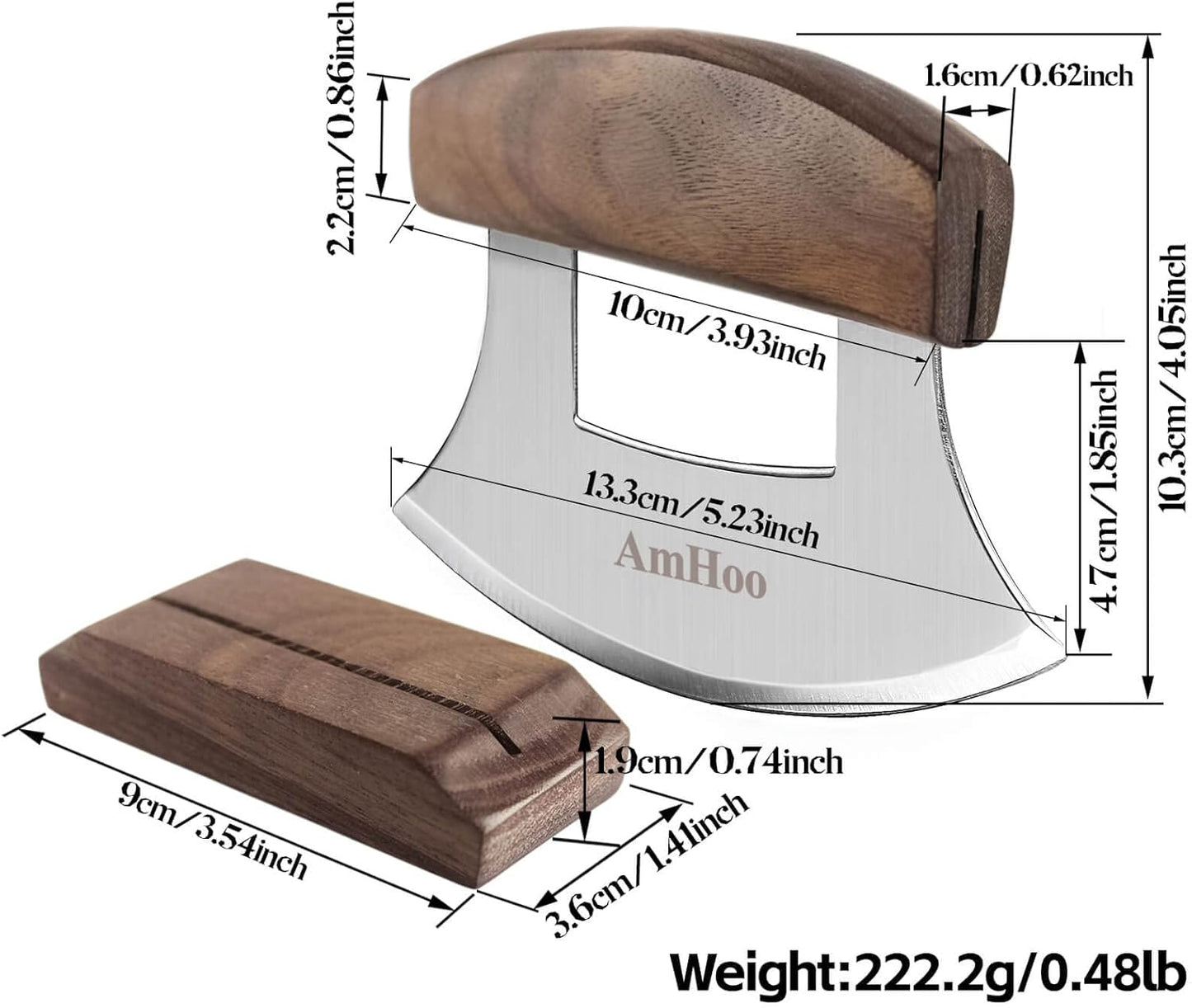 Amhoo Pizza Cutter Chef Mezzaluna Ulu Knife Handle Color Wood Grip Sharp Rocker Slicer Stainless Steel Blade Salad Onion Vegetable Chopper with Holder Base Christmas Gifts