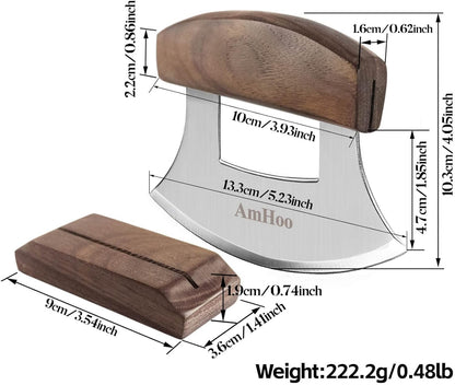 Amhoo Pizza Cutter Chef Mezzaluna Ulu Knife Handle Color Wood Grip Sharp Rocker Slicer Stainless Steel Blade Salad Onion Vegetable Chopper with Holder Base Christmas Gifts