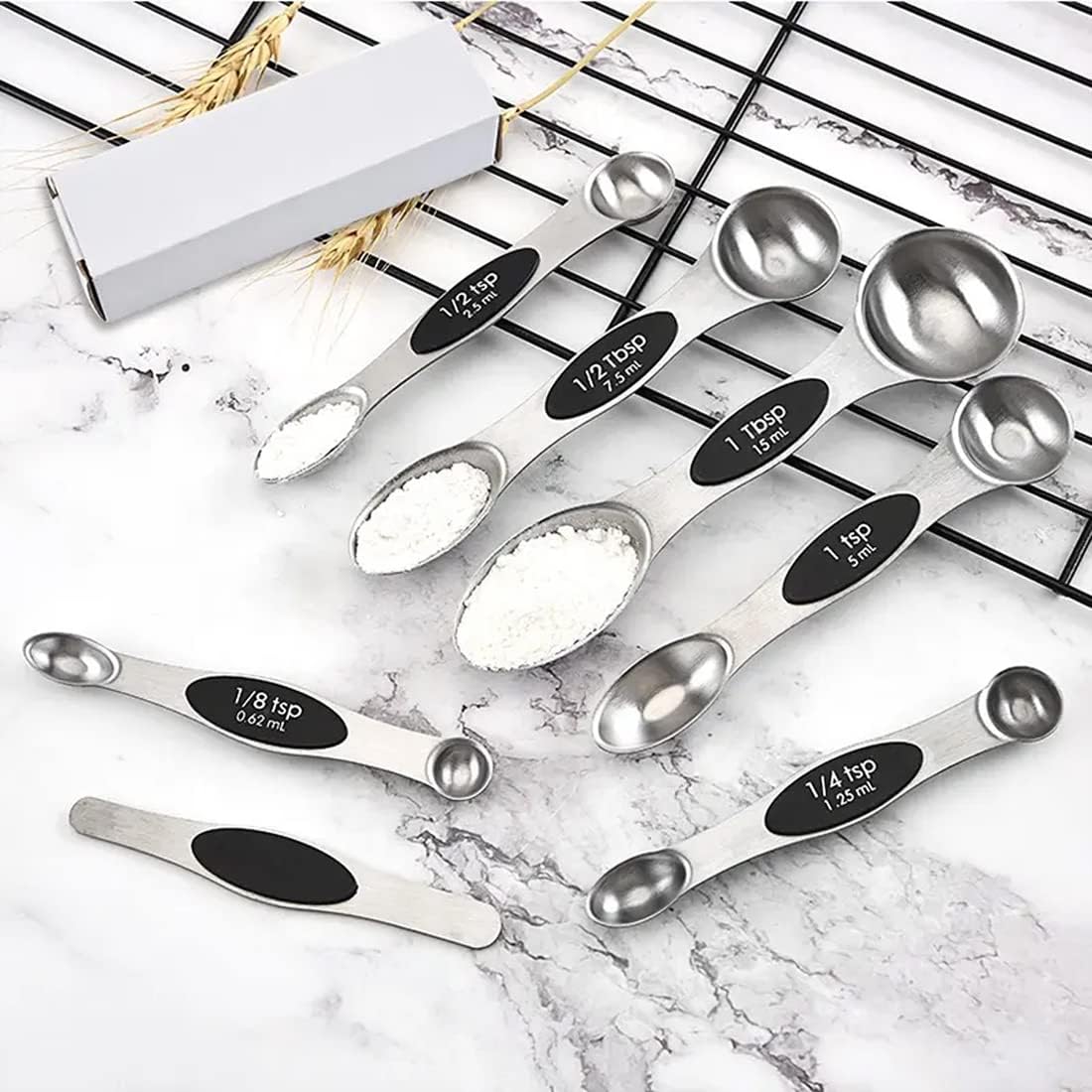 Set of 7 Stainless Steel Magnetic Measuring Spoons Set with Leveler - Stackable Tablespoon Measure Spoon for Baking and Cooking, Kitchen Gadgets for Apartment Essentials (Pink)