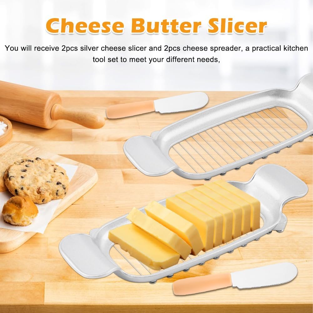 2 Pcs Butter Slicer Cutter, Aluminum Alloy Multipurpose Cheese Slicer with 2pcs Cheese Spreader, Handheld Butter Cutter Single Stick Makes Cutting Cheese, Butter, Eggs Into Average