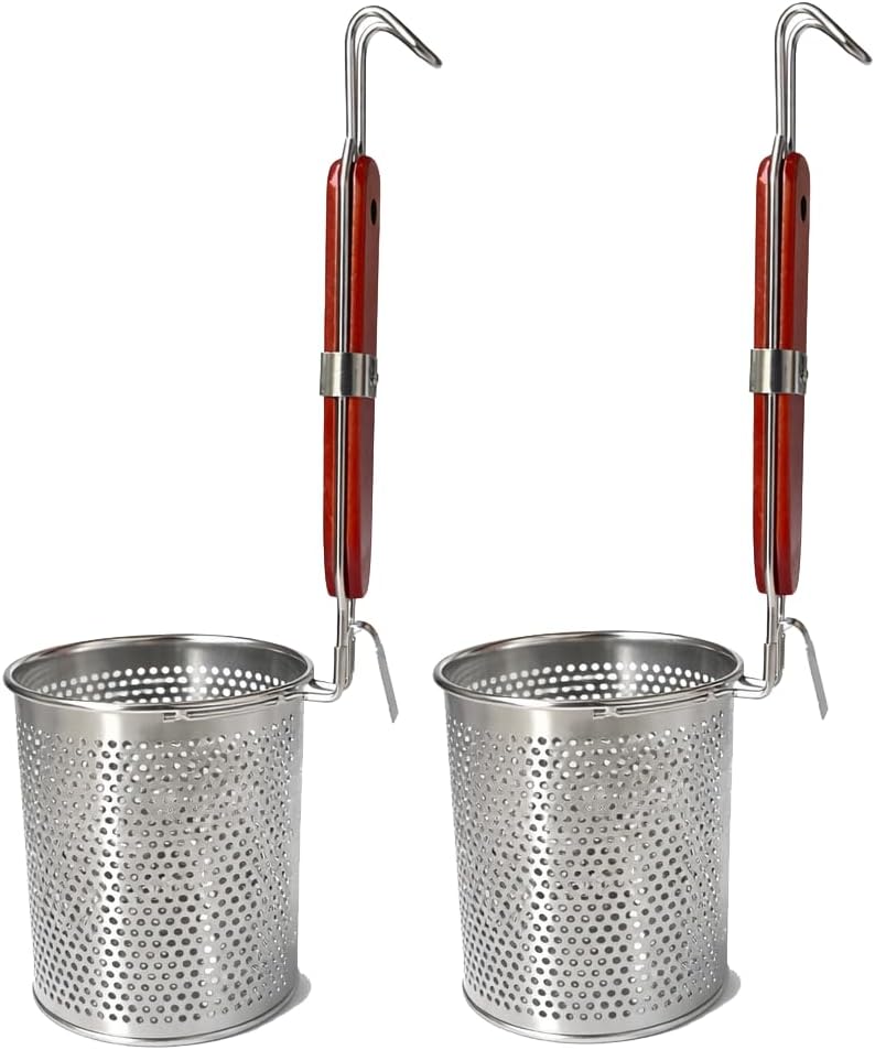 Mesh Pasta Basket Food Strainer Insert For Pot, Colander with Round Wooden Handle Stainless Steel Mesh Spider Strainer for Pasta Noodles Dumpling Vegetable