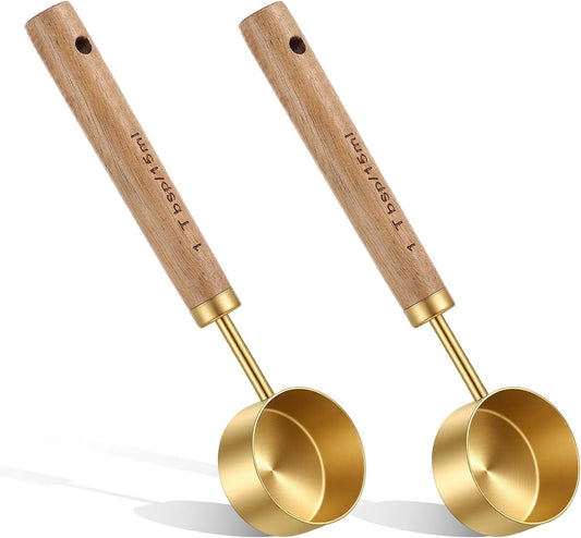 2Pcs Stainless Steel Wood 1 Teaspoon Scoop, Wood Long Handle Coffee Scoop Gold Stainless Steel Tablespoon Measuring Spoon for Ground Coffee Tea, 15ml