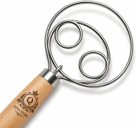 Premium Danish Dough Whisk -13 Inch Stainless Steel Dough Mixer For Bread,pizza,Pastry, Cake, Cookies Dough - Soiled Wooden Handle -Perfect Baking wisking tool - For dough mixer And Home Bakers