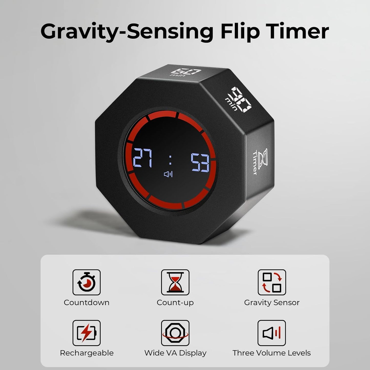 Small Rechargeable Pomodoro Timer, Gravity Sensor Auto-Rotating 7 Preset Times (1/3/5/15/30/60/90 min) & Count Up Mode, Digital Kitchen Timers for Cooking, Work and Study (Pearl White)
