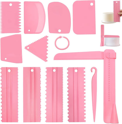 12 Pcs Adjustable Cake Smoother Set, Plastic Cake Decorating Tools Comb and Dough Scrapers for Baking Pastries (Pink)