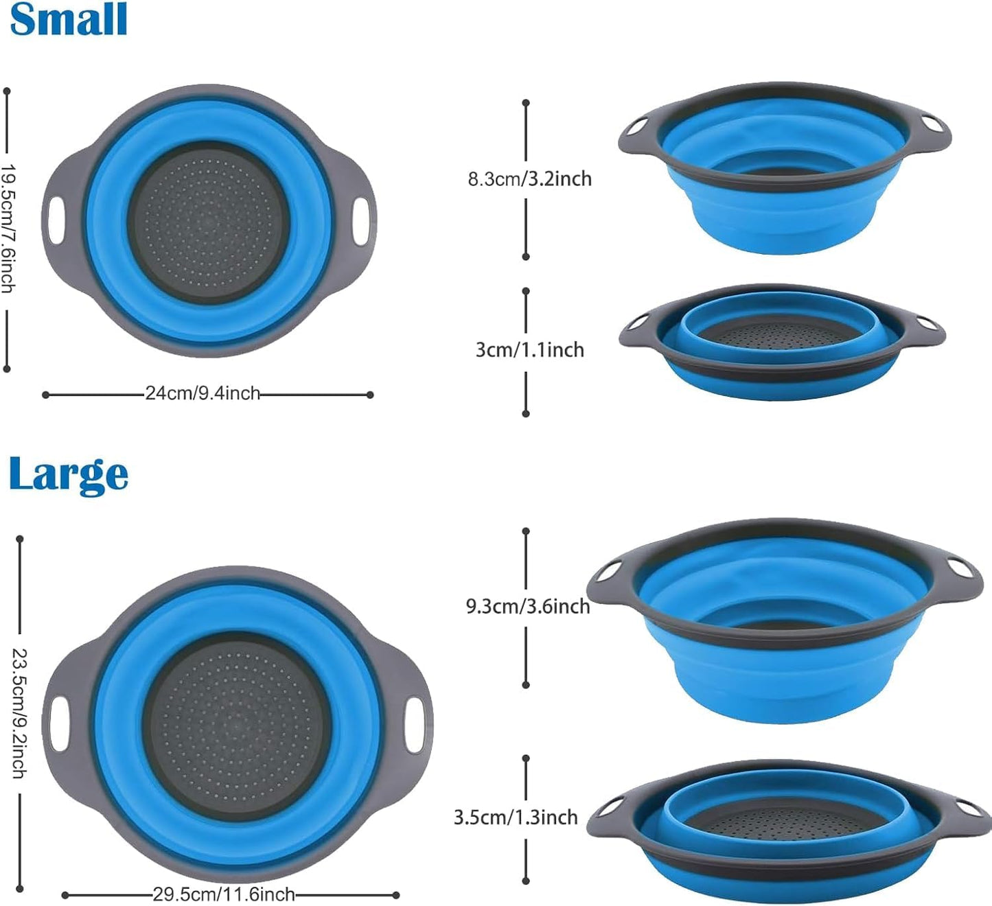 Collapsible Colander Set of 4-2 Red + 2 Blue Silicone Foldable Strainers, BPA-Free, Space Saving Kitchen Sieve with Handles - 2 Sizes (Large & Medium)