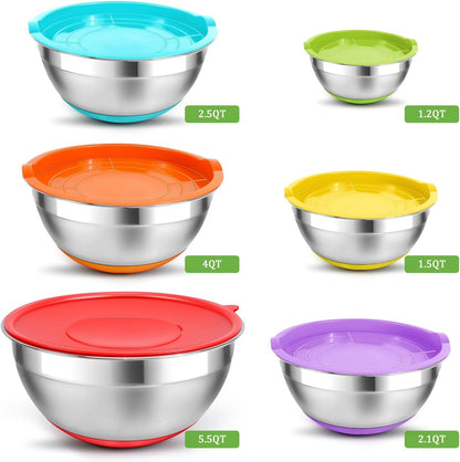 Mixing Bowls with Lids Set,10pcs Stainless Steel Mixing Bowls with Graters and Egg Whisk &Non-Slip Bottoms Food Prep Nesting Bowls for Baking, Cooking, Meal Storage(1.2QT-5.5QT)