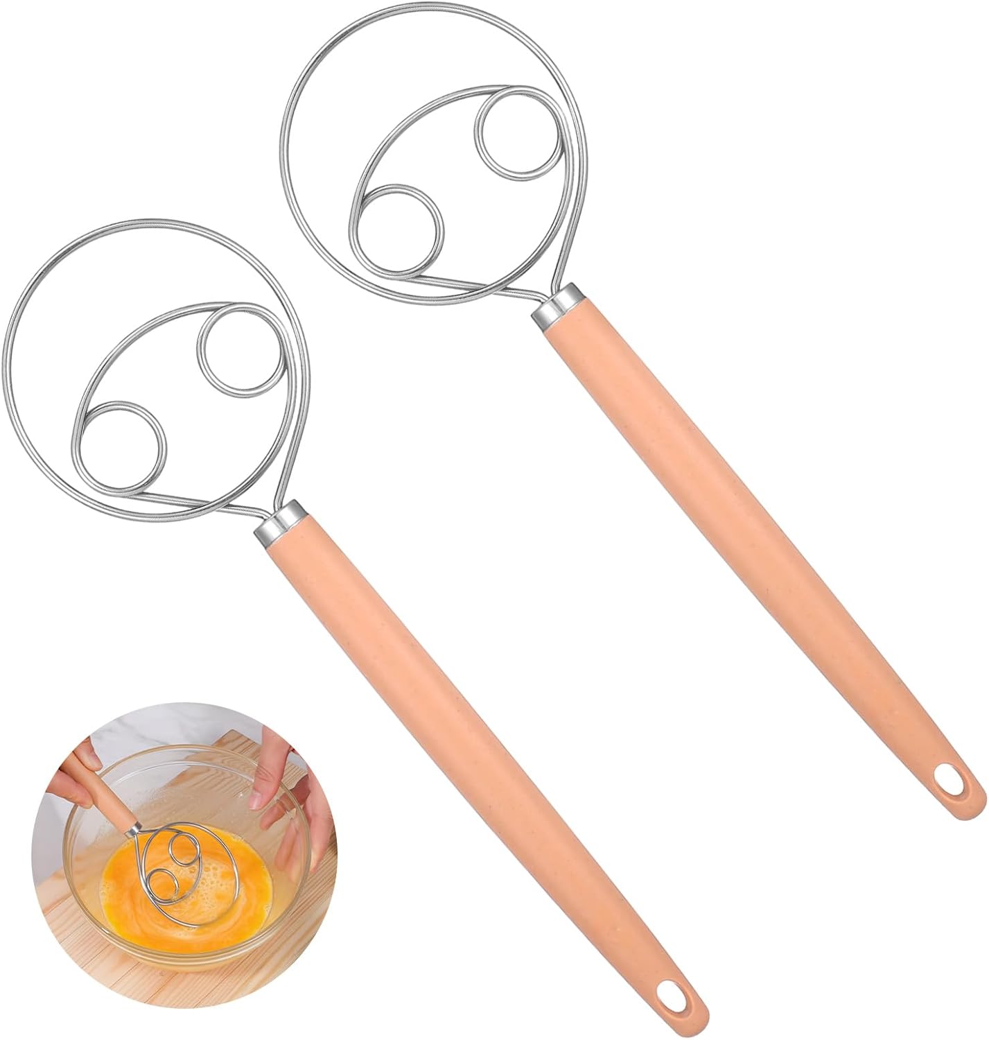 TIESOME Danish Dough Whisk, 2 Pcs 10-Inch Stainless Steel Dough Hook with PP Handle, Sturdy Dutch Bread Mixer for Sourdough, Pizza & Pastry, Baking Tools (Natural Wood Color)
