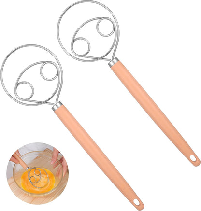 TIESOME Danish Dough Whisk, 2 Pcs 10-Inch Stainless Steel Dough Hook with PP Handle, Sturdy Dutch Bread Mixer for Sourdough, Pizza & Pastry, Baking Tools (Natural Wood Color)