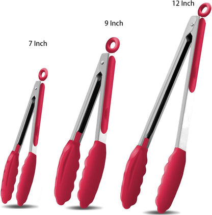 Kitchen Tongs with Silicone Tips,Tongs for Cooking Heat Resistant 600 Degrees Stainless Steel Locking Tongs,Grass Green Set of 3-7", 9" and 12"