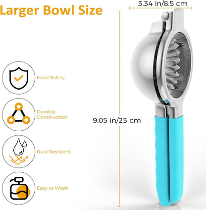 Stainless Steel Lemon Squeezer - Metal Citrus Juicer - Lime Lemon and Fruit Juicer with Silicone Handles - Large Manual Citrus Press Juicer - Hand Held Squeezer - Ergonomic Design with Solid