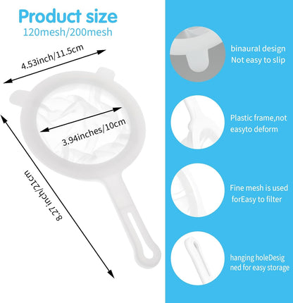 2 Pcs Plastic Mesh Strainer Set Nylon Ultra Fine Mesh Strainer with Handle Juice Colander Yogurt Sieve Mini Brine Shrimp Separation Net for Juicing Soy Milk Honey Coffee Kitchen (120/200 Meshes)