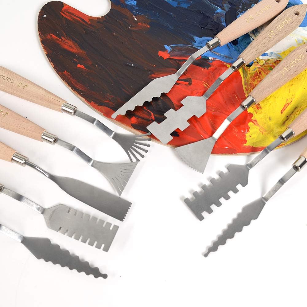 CONDA Palette Knife Painting Stainless Steel Spatula Palette Knife Oil Paint Metal Knives Wood Handle (Red 5 Piece)