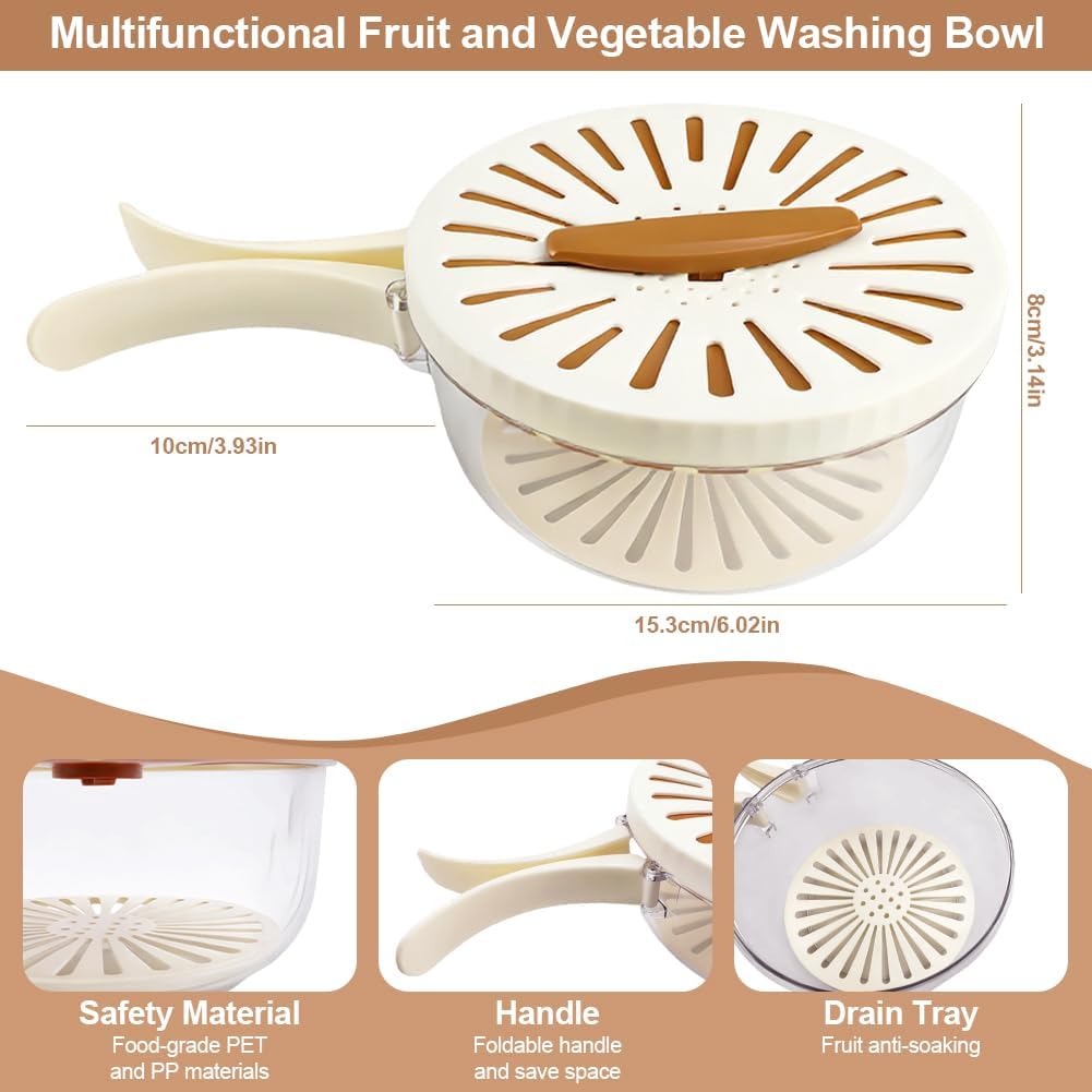 Multifunctional Fruit Washing Bowl,2 in 1 Drainer and Strainer,Foldable Handle Drain Basket with Lid,Kitchen Colanders & Food Strainers, Suitable for Washing Fruits and Vegetables