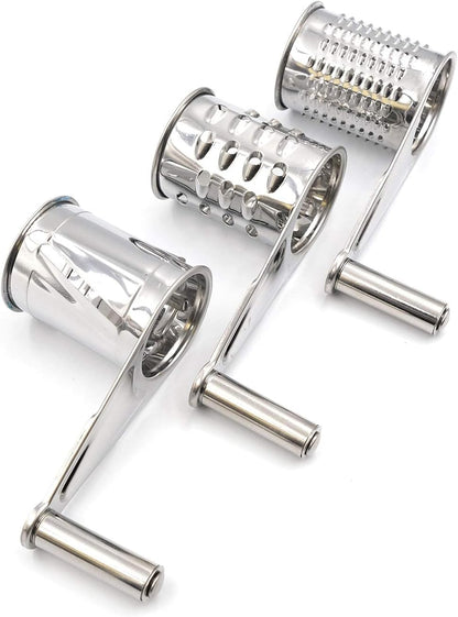 Mayata 1set Cheese Cutter Slicer Shredder with 3 Interchanging Rotary Ultra Sharp Cylinders Stainless Steel Drums & Slicer