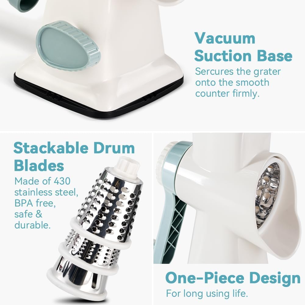 3 in 1 Manual Vegetable Cutter Machine with Stainless Steel Changeable Blades Rotary Cheese Grater Kitchen Tool Potato Slicer Shredder Nuts Chocolate Chopper (Transparent black)