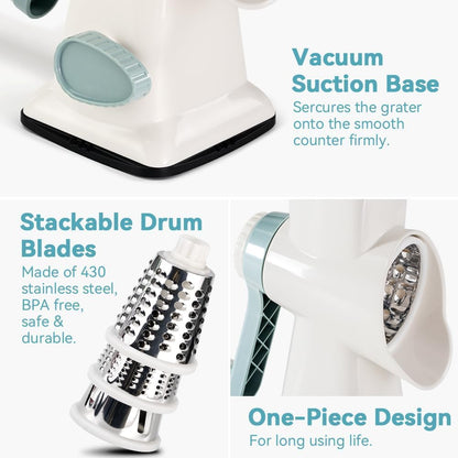 3 in 1 Manual Vegetable Cutter Machine with Stainless Steel Changeable Blades Rotary Cheese Grater Kitchen Tool Potato Slicer Shredder Nuts Chocolate Chopper (Transparent black)