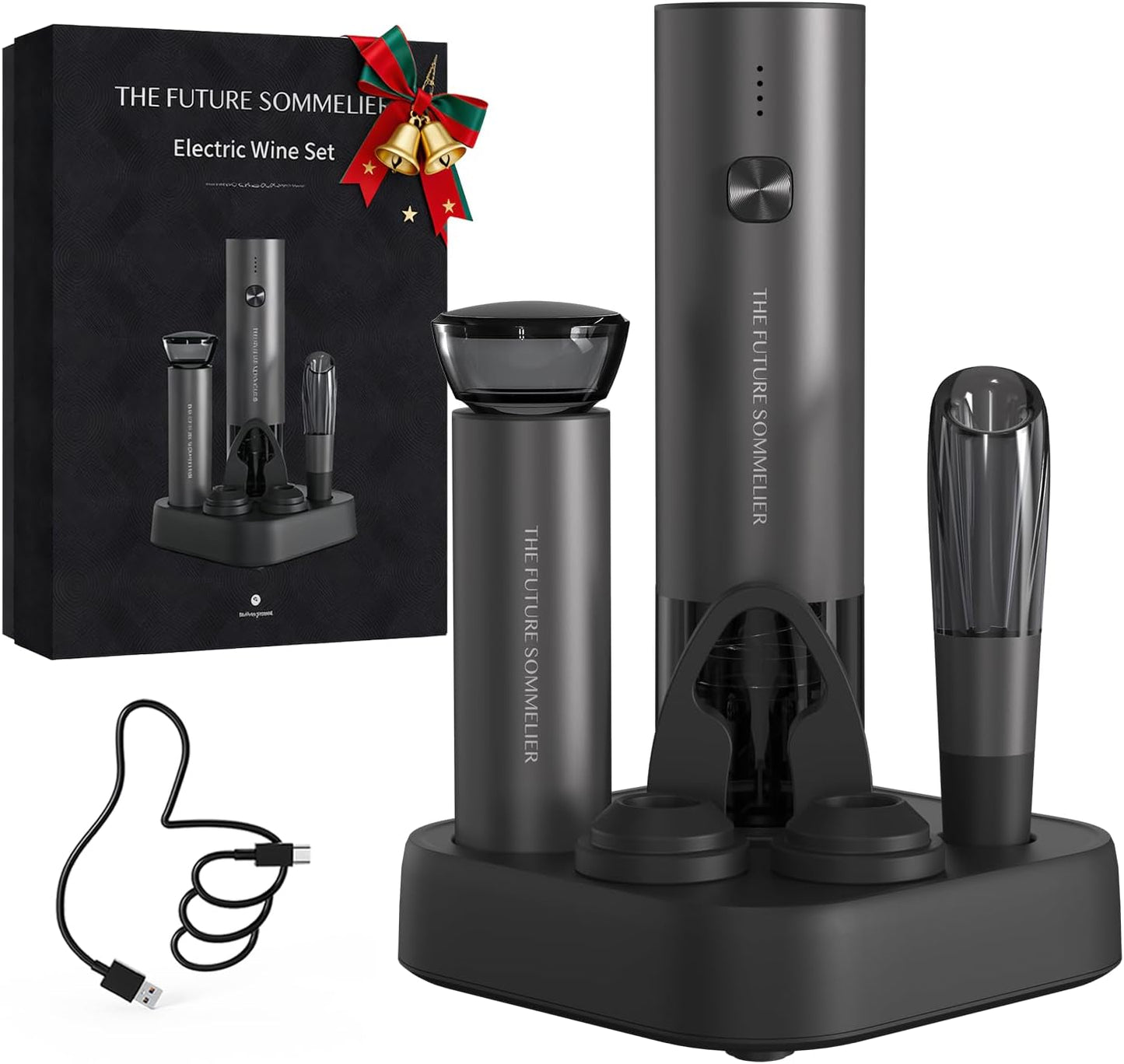 CIRCLE JOY Electric Wine Opener Stainless Steel Rechargeable Automatic Wine Bottle Opener Set 7-in-1 Wine Gifts for Wine Lovers with Charging Base, Foil Cutter, Wine Aerator Pourer & 2 Vacuum Stoppers