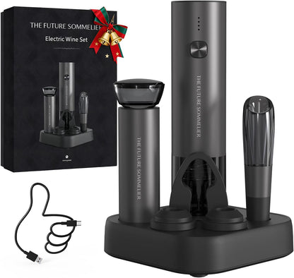 CIRCLE JOY Electric Wine Opener Stainless Steel Rechargeable Automatic Wine Bottle Opener Set 7-in-1 Wine Gifts for Wine Lovers with Charging Base, Foil Cutter, Wine Aerator Pourer & 2 Vacuum Stoppers