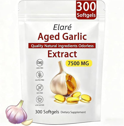 ELARE Aged Garlic Extract Capsules, Odorless Garlic 15:1 Extract Formula - 600 Count, Garlic Supplement, 2-Year Matured - for Heart & Immune Support, Non-GMO, Gluten-Free