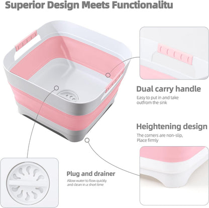 2.6 Gal/10L Collapsible Wash Basin with Drain Plug, Portable Foldable Dish Tub, Large Capacity Space-Saving Sink for Baby Bottles, RV, Camping, Kitchen, Travel & Outdoor Use