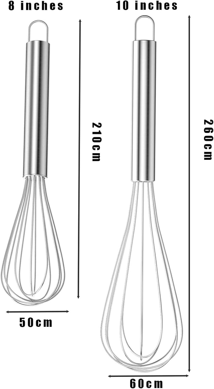 Digead Stainless Steel Whisk Set - 8"+10" Kitchen Wisk, Balloon Whisk for Baking, Cooking, Mixing, Blending, Beating Eggs, Cream, Sauces - Ergonomic Grip - 2 Pack