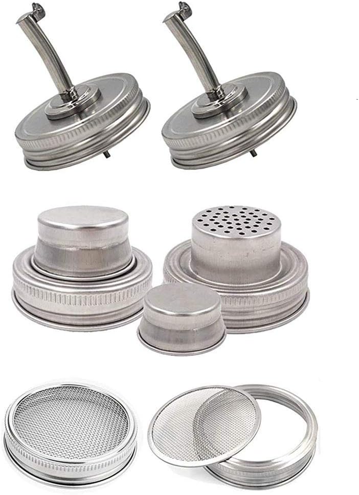Mason Jar Liquor/Oil Pour Spout Dispenser, Sprouting Mason Jar Lid,Shaker Lid Shaker Dry Rub Lid - Cocktail, Mix Spices, Dredge Flour, Sugar Pack of 6