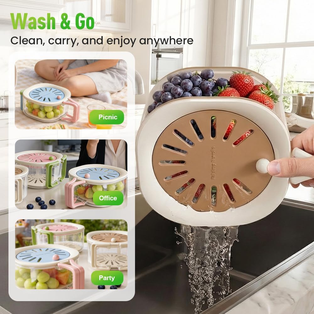 2-in-1 Draining and Preservation Basket,Multifunctional Fruit and Vegetable Washing Bowl with Handle Fruit Strainer Container and Lid for Kitchen Fridge Outdoor Picnic Camping (Brown)