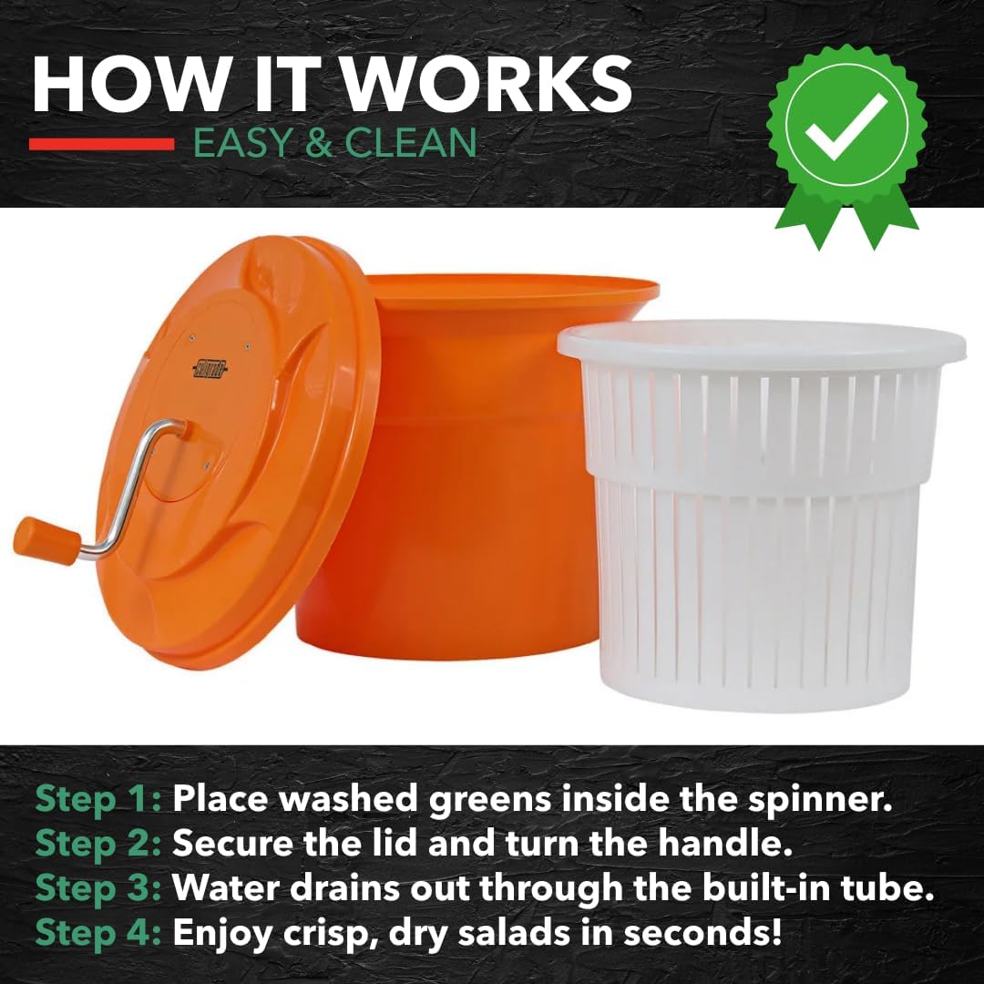 5-Gallon Salad Spinner - Manual Lettuce Dryer, High-Capacity, Orange, Plastic Spinner for Efficient Greens Drying in Commercial Kitchens
