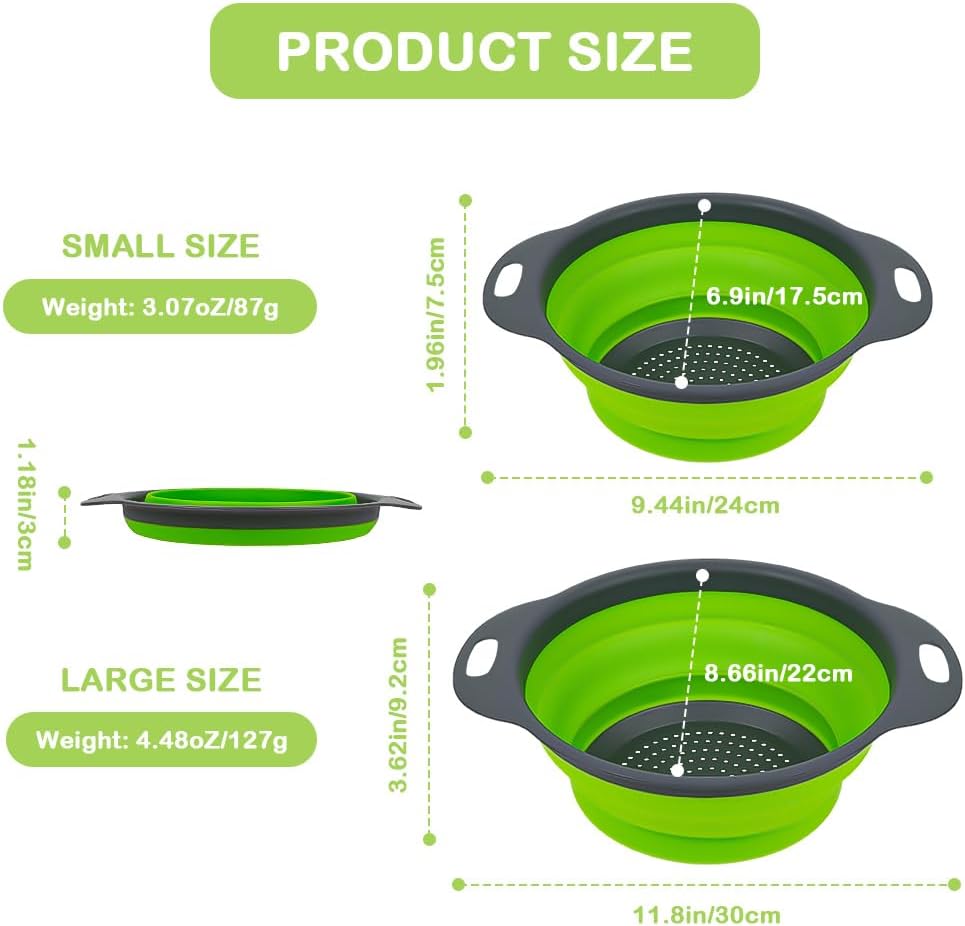AUAUY 2 PCS Collapsible Colander Set, Square Silicone Folding Colander with Plastic Handles, Eco-Friendly Large Hole Kitchen Strainer for Draining Pasta Vegetables Fruits-1 Large and 1 Small