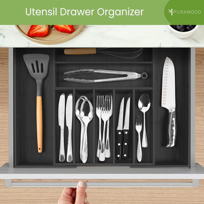 Purawood Bamboo Drawer Organizer - Expandable Silverware Organizer & Utensil Drawer Organizer, Cutlery Tray with Dividers, 7-9 Slots- Kitchen Organizer for Utensils & Flatware (Natural)