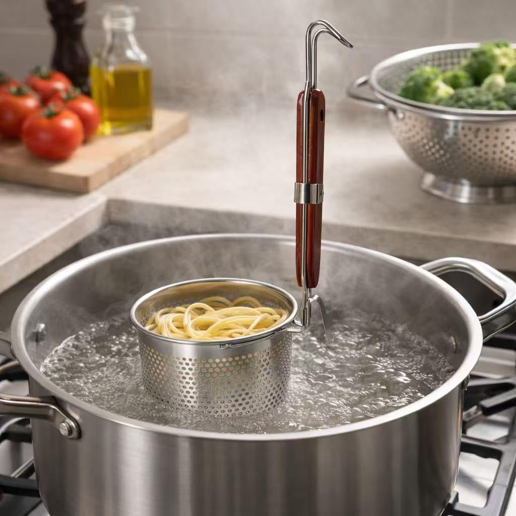 Mesh Pasta Basket Food Strainer Insert For Pot, Colander with Round Wooden Handle Stainless Steel Mesh Spider Strainer for Pasta Noodles Dumpling Vegetable