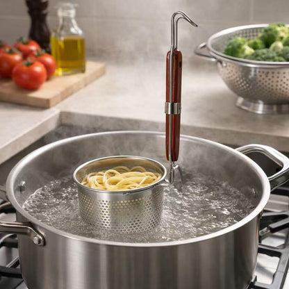Mesh Pasta Basket Food Strainer Insert For Pot, Colander with Round Wooden Handle Stainless Steel Mesh Spider Strainer for Pasta Noodles Dumpling Vegetable