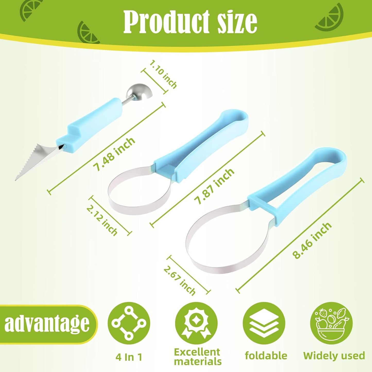 Suuker Melon Baller Scoop Set,4 In 1 fruit cutters shapes, watermelon scooper fruit scooper and baller, fruit carving tools（Green）