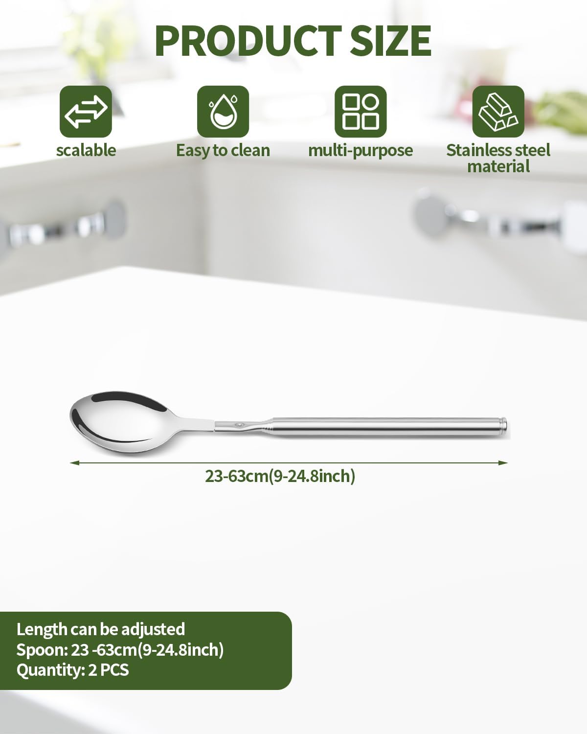 2 PCS Extendable Spoon, Telescopic Stainless Steel Spoon Set, Expandable Extension Spoon to 25 In Tableware, for BBQ Dinner Fruit Dessert