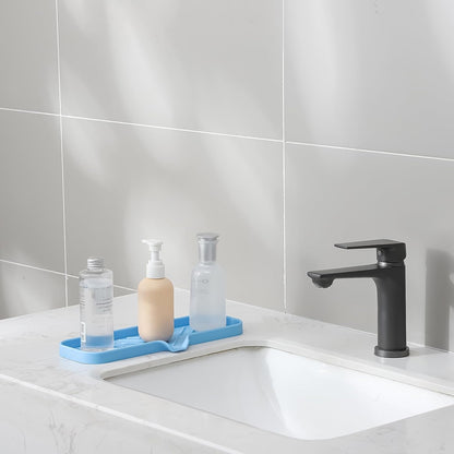 MicoYang Silicone Soap Dish with Drain Spout, Self-Draining Sink Organizer Tray for Bathroom and Kitchen, Sponges, Dispensers and Soap Holder, Non-Slip and Dishwasher Safe, Black (Compact, 4.9"×3.2")