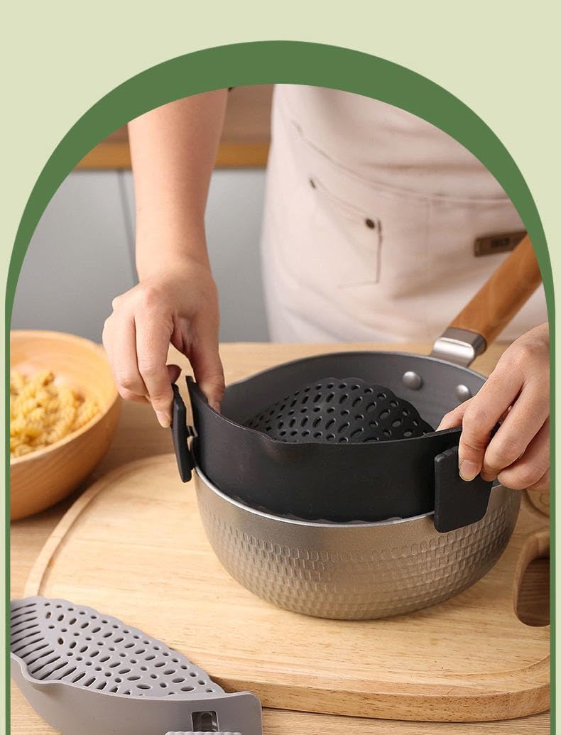 Clip On Strainer Silicone for All Pots and Pans, Pasta Strainer Clip on Food Strainer for Meat Vegetables Fruit Silicone Kitchen Colander (Grey)