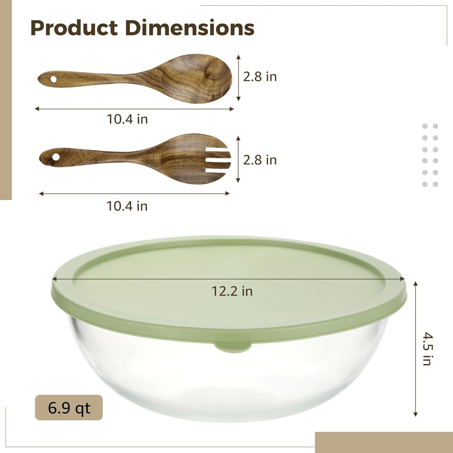 ZALIR Large Capacity Dough Mixing Bowl with Silicone Lid, Clear Glass Basin with Acacia Wood Salad Spoon & Fork for Home Baking, 6.9 qt / 6.55 L Basin for Kneading, Rising, Proofing Dough