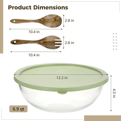 ZALIR Large Capacity Dough Mixing Bowl with Silicone Lid, Clear Glass Basin with Acacia Wood Salad Spoon & Fork for Home Baking, 6.9 qt / 6.55 L Basin for Kneading, Rising, Proofing Dough